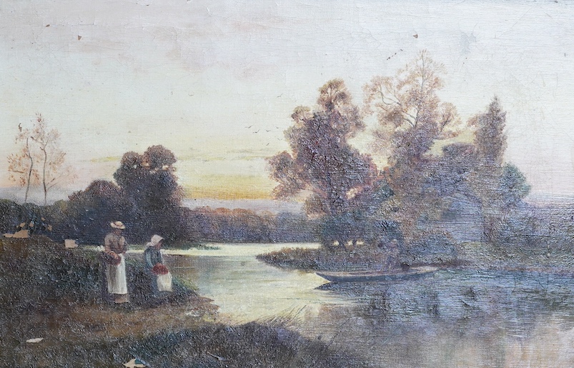Two English School late 19th / early 20th century oils, comprising Riverscape with figures and Mountainous riverscape, one signed D. Baker and dated 1917, largest 74 x 62cm. Condition - poor to fair
